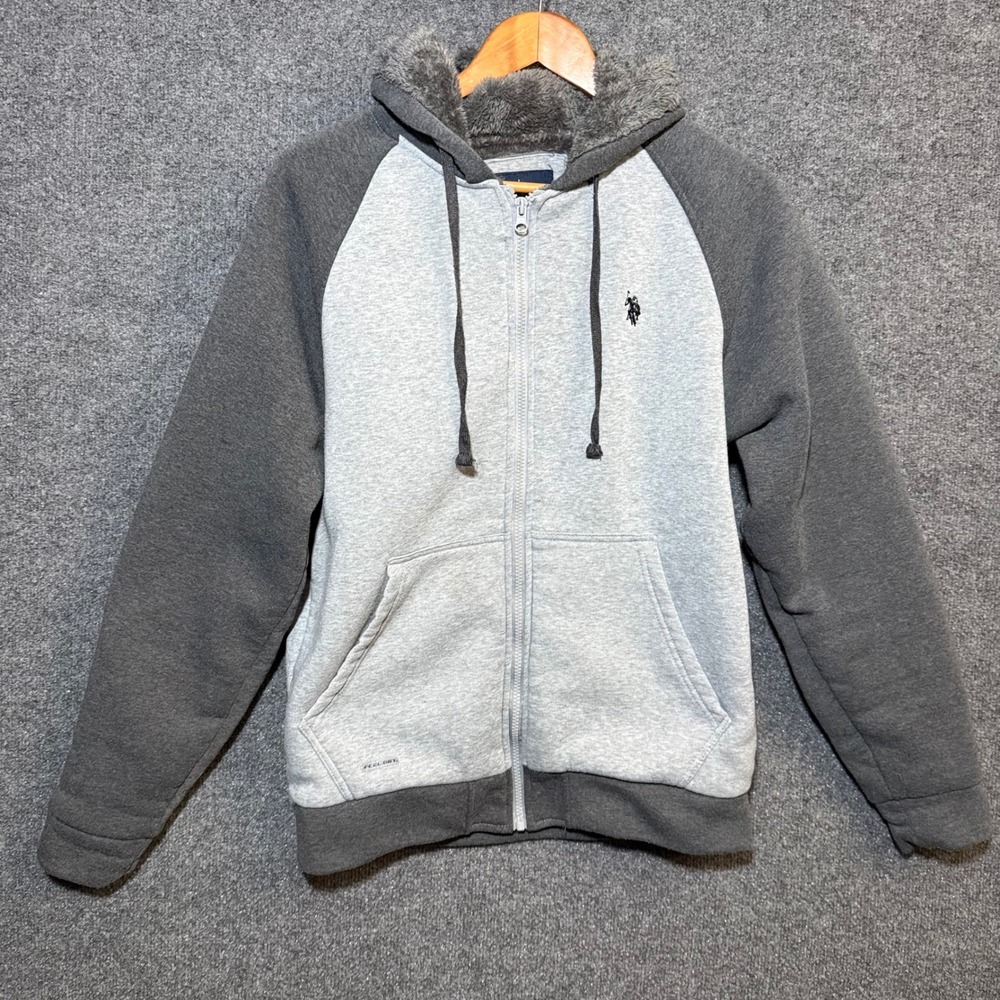 U.S. Polo Assn Hoodie Mens Small Faux Fur Lined‎ Full Zip Raglan Two Tone Grey